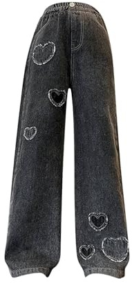Love Heart Jeans for Teen Girls Denim Long High Waist Baggy Pants Girls Kids Wide Leg Trendy Cute Straight Trousers Big Girls Ripped Jeans Size 14 Girl Jeans Size 6/7(Black, 10-11 Years)