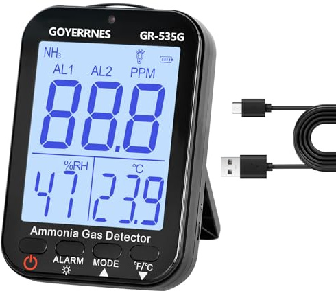 Detector de Gas amoniaco 535G NH3 Detector de Gas Sensor de monitorización Continua Rango de medición 0-100 ppm Alarma Pantalla LCD Función de retroiluminación Temperatura Humedad Recargable