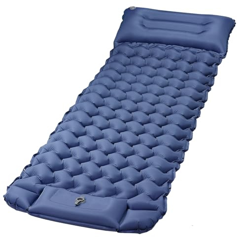 Quirlig Materassino campeggio Singolo, Materassino Gonfiabile Campeggio Ultraleggero con Cuscino, Materassino Trekking con Pompa a Pedale integrata, Materasso Tenda 68x198, Blu