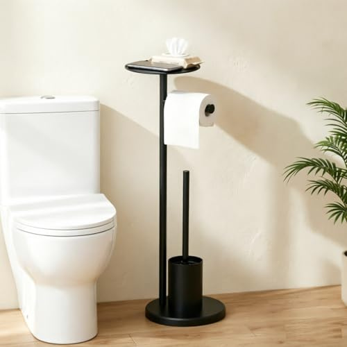 Porte-rouleau de papier toilette avec brosse WC autonome et porte-brosse avec étagère en acier inoxydable noir mat pour toilettes, salle de bain