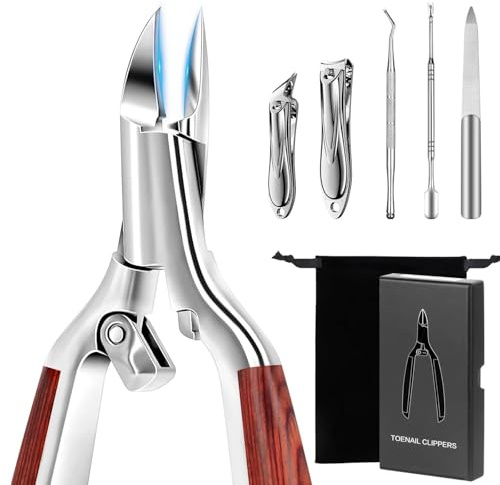 Coupe Ongle Set Professionnel, 6PCS Kit Pedicure pour Pied avec Manche en Bois Antidérapant et Verrou de Sécurité, Coupe-Ongles Pied pour Personnes Âgées pour Ongles Épais, Durs et Incarnés