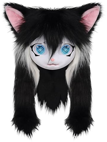 Furry Head - Djurkattmask, stor ögondräkt, realistiskt långt hår, cosplay-klänning, för scenföreställningar, halloweenfest, maskeradfest, konvekt
