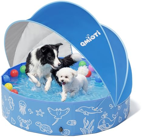 Qmioti Piscina per Cani Pieghevole con Tetto 120 cm, Piscina Cane Antiscivolo in PVC, Piscina Portatile per Cani per Giardino, Terrazza e Spiaggia