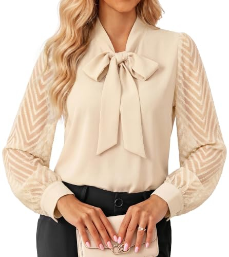 GRACE KARIN Women's Sheer Long Sleeve Blouse Bow Tie Chiffon Going Out Tops