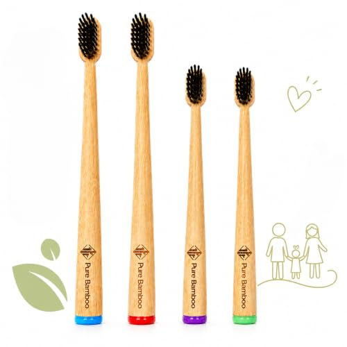 Pure Bamboo - Pack Familiar de 4 Cepillos de Dientes de Bambú – 2 Cepillos para Adultos y 2 Cepillos para Niños – Cepillos Dentales de Bambú Natural – Higiene Bucal para Toda la Familia