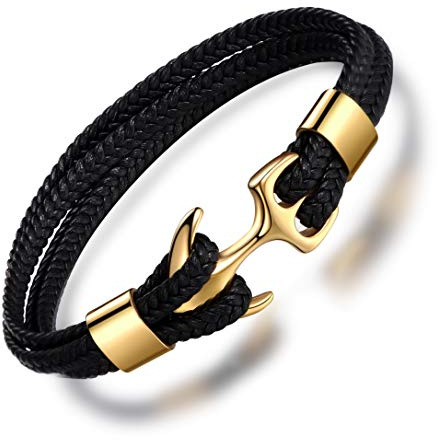 MicLee-Aleación Cuero Pulsera Brazalete Ancla Acero Inoxidable Negro Cuero Trenzada Brazalete con Tarjeta de Felicidacion 3D, Color de Ancla: Oro 20-23CM