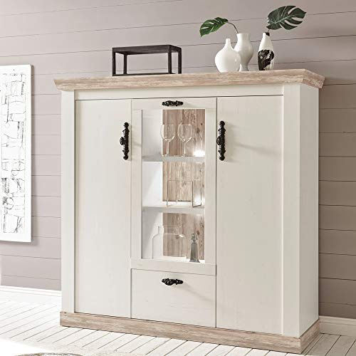 Lomadox Highboard im Landhaus Stil in Pinie Weiss inkl. LED-Rückwandbeleuchtung für Wohnzimmer oder Esszimmer, B/H/T:140/146/44 cm