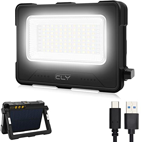 CLV Projecteur LED Rechargeable USB 60W 12000MAH Projecteur Chantier Portable Magnétique 4 modes d'éclairage et 5 niveaux de luminosité Batterie externe d'urgence avec Panneau Solaire pour Camping