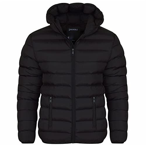 Spindle Mens Plain Black Hooded Padded Quilted Puffer Jacket Winter Coat 5 Zip Pockets Black With Zips XL