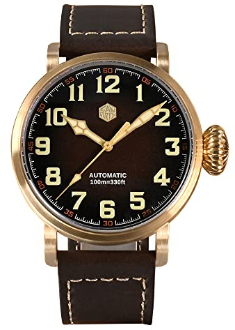 NC San Martin SN095 CuSn8 Bronce Pilot Mens Relojes Mecánico Automático Vintage Militar Simple Estilo Reloj Analógico De Pulsera De Cristal Zafiro (with logo), Correa