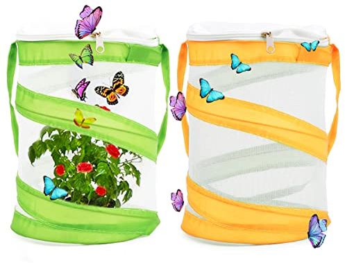 Butterfly Habitat Cage TAIZER 2 Stück Faltbare tragbare Insektenvermehrung Mesh Haustier Pop Up Reptilien Zusammenklappbarer Stoff Zuchtkäfige, Grün, Orange
