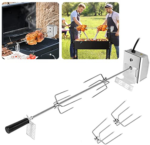 UISEBRT Grillspett set 107 cm rostfritt stål roterande spett med motor, 220 V – 240 V, inkl. 4 x köttnålar elektriskt grillspett rotisserie