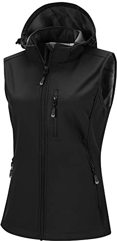 33 000 fot softshell västar för kvinnor med avtagbar huva fleece fodrad ärmlös jacka vattentät vindtät sportväst väst med 5 fickor för ridning löpning vandring, svart, XS