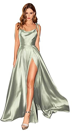 Babyonline D.R.E.S.S. Robe de Soirée Demoiselle d'honneur Longue Maxi avec Traine en Satin Evasée pour Cocktail Mariage Vert 46
