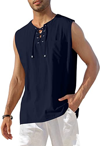 KUYIGO Los Hombres de algodón y Lino sin Mangas V-Cuello con Cordones Henley Playa Hippie Tops XL Azul Marino