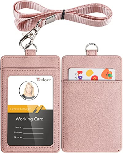 Teskyer Card Holder with Lanyard, ID Badge Holder, Oyster Card Holder, Bus Pass Holder, with Clear Window, Holding 2 Cards, PU Leather, Rose
