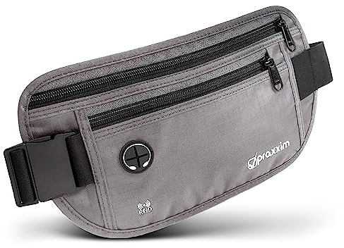 praxxim Die Bauchtasche zum Reisen - DIEBSTAHLSICHER mit RFID Schutz - Extra Flache Bauchtasche unter Kleidung tragbar - Hüfttasche - Reisebauchtasche - Geldgürtel für Damen und Herren - grau