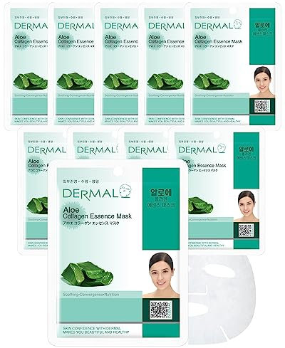 DERMAL Maschera viso coreana all'essenza di collagene all'aloe 10 fogli - Idratante e lenitiva con aloe vera, idratazione intensiva, cura rinfrescante delle scottature