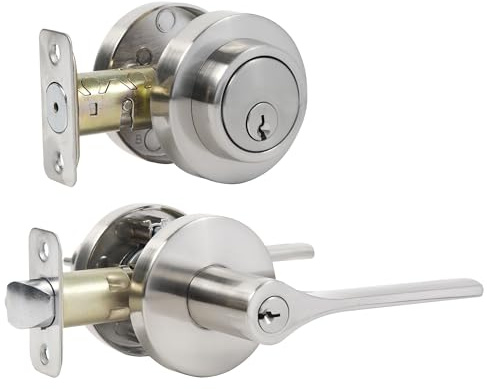 ZEVAWAY Roundness Satin Nickel Front Door Handle and deadbolt Set,Door lockwith Single Cylinder Deadbolt Lock Set,Heavy Duty Portable Door Lock,1pack, 1130+8612