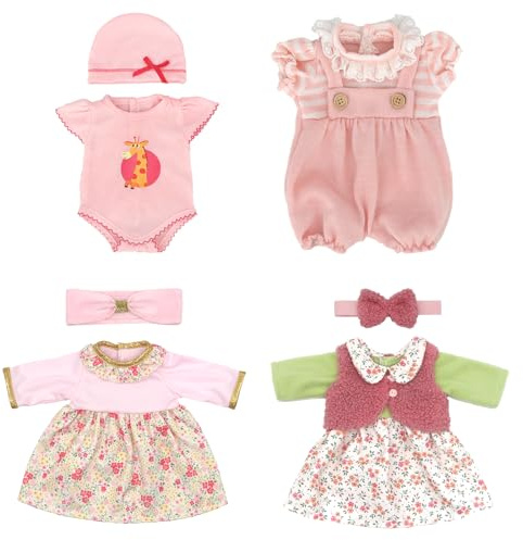 4PCS Pink Baby Doll Clothes Set for 14 - 18 Inch Dolls, Baby Doll Clothes Sweet Outfit Include Bodysuit, Pants, Dresses, Hats & Headbands for 35-43cm Baby Doll Birthday Presents for Girls