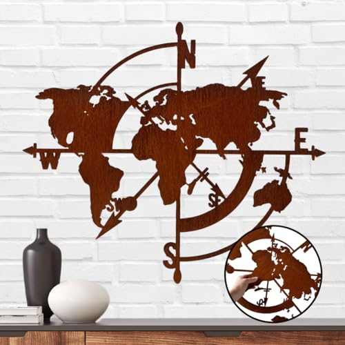 Terma Stahldesign rost mit Schutzlack Kompass Weltkarte Bild Dekoration Metall Rose Natur Wanddekoration Deko Metall Wand Bild Wohnzimmer Wandbild Schlafzimmer Industrial