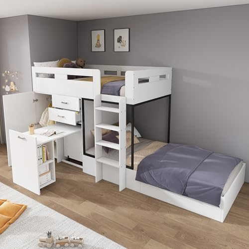 Rtopsu Etagenbett Kinderbett 90x200 cm für 2 Kinder, Bett mit Schrank und Stauraum Schubladen, Hochbett mit Schreibtische und Leiter, Hausbett mit Rausfallschutz und Lattenrost, Weiß, Ohne Matratze