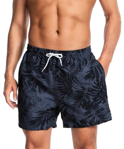 AMZSPORT Badehose Herren Wasserabweisend Badeshorts Schwimmhose mit Mesh-Futter und Taschen, Schwarz Blatt L