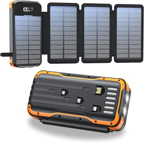 Solaire Power Bank 20000mAh, Chargeur Portable avec 4 Panneaux Solaire, 4 Câbles, Banque d'Énergie Solaire USB C avec Batterie Externe et 2 Lumières de Poche LED, pour Smartphones, Tablettes(Orange)