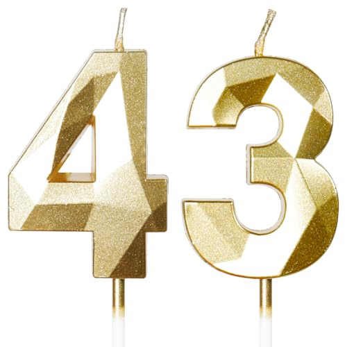 Yiran Velas de Cumpleaños 43 Años Dorado, Decoraciones para Hombres y Mujeres, Número 43 3D para Tarta, Topper de Vela Dorado, Suministros para Fiestas, Bodas y Aniversarios