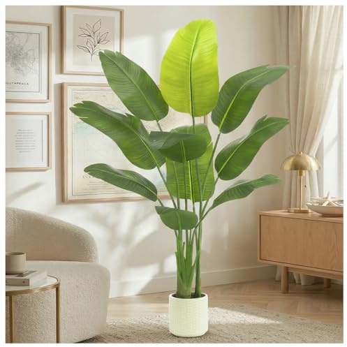 TNGGNT Artificial Bird of Paradise Plant：5FT Fake Traveler’s Palm Faux Banana Tree Elephant Ear Leaf Tall Silk Floor Plant in White Pot for Home Decor Indoor Office Entryway Balcony Patio café Hotel