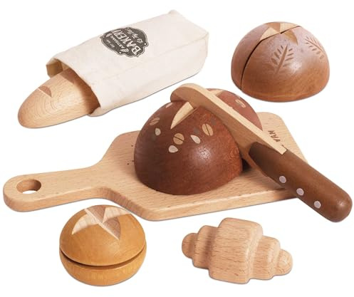 Le Toy Van Träbröd- och knivset – FSC 100 % certifierad hantverkare brödlek mat – bageriset med skärbräda och bomullsväska – kardborrskärbara delar