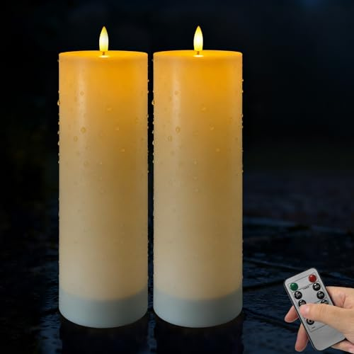 Dixmas Set de 2 velas LED sin llama de 30x10 cm, impermeables, con mando a distancia y función de temporizador, baterías, grandes velas de marfil de plástico con llama parpadeante