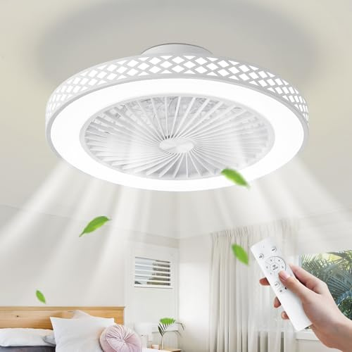 POWROL Ventilatore da Soffitto con Luce 48 cm Rombi Chiuso Ventola Soffitto Reversibile 6 Velocità 3 Colori Regolabile LED Lampadari con Ventola Silenzioso Memoria Timer soggiorni Cucine