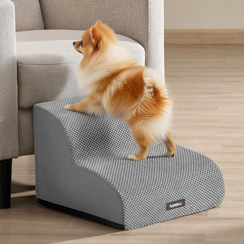 Feandrea Scala a 2 Gradini per Cani, Velluto Goffrato, Pendenza per Letto, Divano, Scaletta per Animali Impermeabile e Antiscivolo, Copertura Sfoderabile e Lavabile, Grigio Tortora PPS012GD01