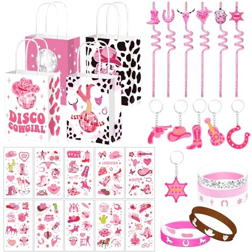 40 pezzi bomboniere cowgirl accessori per feste di compleanno rosa shocking per bambine cannucce cowgirl bacchette braccialetti in silicone adesivi tatuaggi western bomboniere rodeo sacchetti