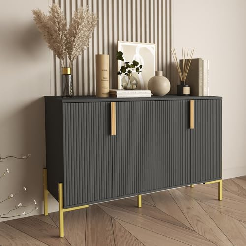 BOCVKENN Farmhouse Buffet Sideboard Cabinet with Storage, Coffee Bar Station Table with Fluted Doors, Modern Wood Cupboard for Kitchen, Livingroom, Entryway (Black)