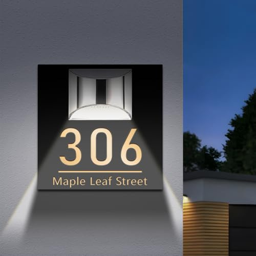 Letrero solar personalizado con números para casa y luz LED — Placa moderna e impermeable para puertas, ideal para exteriores, patios, garajes y como regalo de inauguración (Cuadrado)