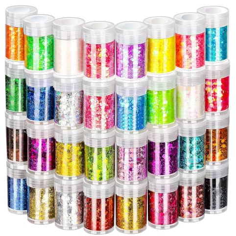 32 Colors Chunky Holographic Glitter, Mixed Chunky Fine Glitter Powder, Reflective Body Glitter for Eyes Face Cheek Hair Nails Lips, DIY Crafts Card Jewelry Making