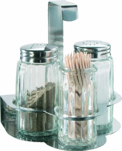 Menagen - Set 4 teilig mit Edelstahltischgestell, Pfefferstreuer, Salzstreuer und Zahnstocherglas