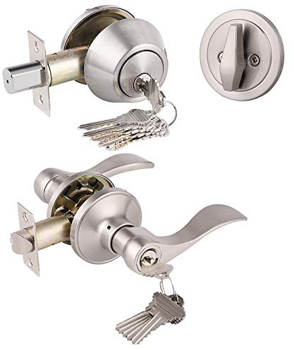 Keyed Alike Front Door Exterior Door Lever Lockset with Single Cylinder Deadbolt Combination Set, Door Knob with Lock and Deadbolt, Satin Nickel Finished, 1Pack