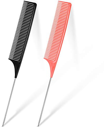 2 Pieces Rat Tail Comb for Hair Coloring, Highlighting and Cutting, Professional Hairdressing Styling - Black and Pink