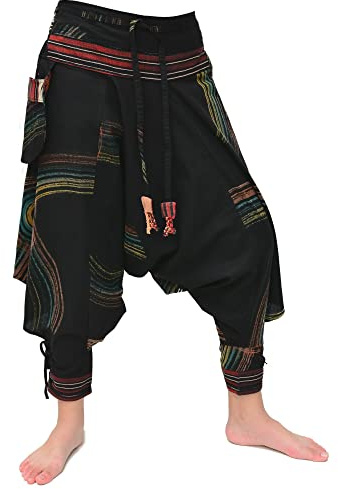 Siamrose Japanese Style Samurai Yoga Ninja Harem Pants Men Women Lounge Trousers, One Size, Elastic Waist (Black Hand Painted)