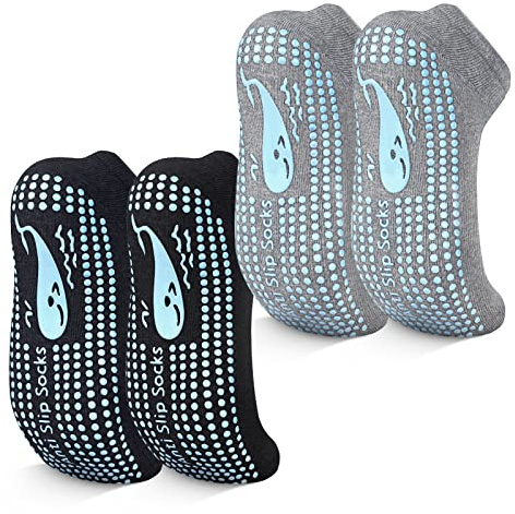 TENQUAN Womens & Mens Non-slip Grip Socks for Yoga Pilates Hospital Anti-skid Slipper Barre Socks for Home Workout Sports (2 Pairs Black Grey, Unisex S (UK 3-5 / EU 35-38))