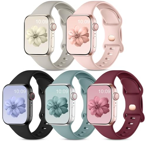 CeMiKa 5pack Bracelets Compatible avec Apple Watch Bracelet 41mm 38mm 40mm 42mm, Sangles Sport Silicone Souple pour iWatch Series 10 9 8 7 6 5 4 3 SE, Hommes Femmes, Noir/Gris/Rose/Rouge/Pin