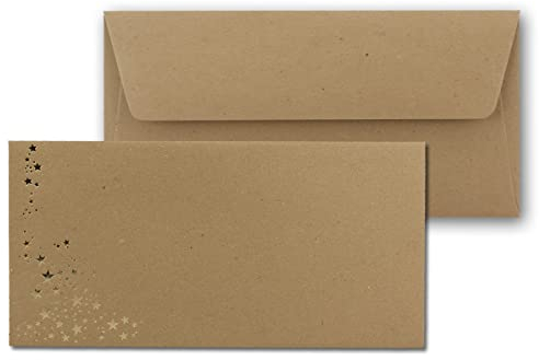50x Kraftpapier Briefumschläge mit Metallic Sternen - DIN Lang - Gold geprägter Sternenregen - Farbe: Braun - Haftklebung - 120 g/m² - 110 x 220 mm - ideal für Weihnachten