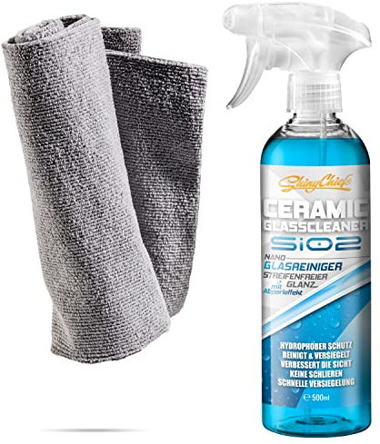 ShinyChiefs Ceramic Glass Cleaner Set - Nano Glasversiegelung mit SiO2-Keramik-Technologie - 2 in 1 Glasreinigung und Glas-Versiegelung - Schmutz- und Wasserabweisend, 1x 500ml, Microfasertuch