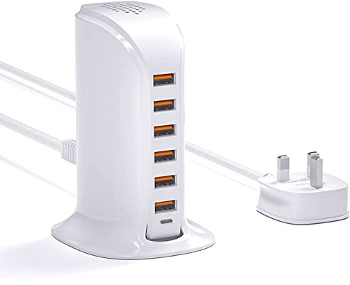 Qurzou USB Charger,50W Multi Charger 6 Port USB Tower Charging Station for iPhone 15/14/13 Pro/Pro Max,Samsung,iPad,Android,iOS etc(white)