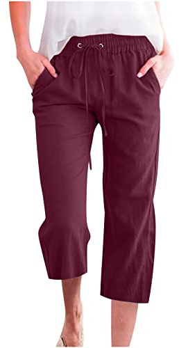 oglccg Womens Capris Trousers 3/4 Pants Cotton Linen Elastic High Waist Cropped Pants Drawstring Summer Autumn Solid Color Pockets Loose Pants Straight Wide Leg Trousers Outdoor Plus Size 8-18 Wine
