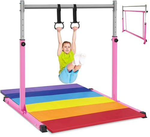 Safly Fun Gymnastics Bar for Kids Ages 3-15 | Sturdy Steel Home Gym, Adjustable Height (3 to 5 ft) with Anti-Slip Base, Easy Assembly