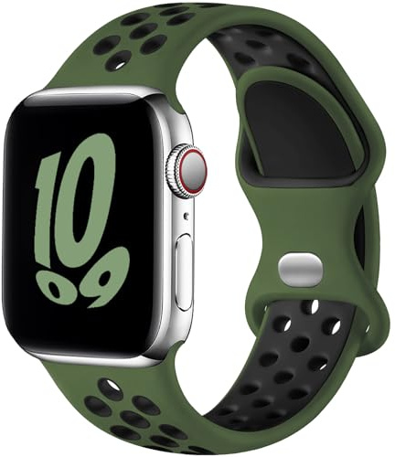 Upeak Silicona Correa Compatible con Correa Apple Watch 44mm 45mm 46mm 42mm 49mm, Pulsera Transpirable con Doble Agujero, para iWatch Series 10 9 8 7 6 5 4 3 2 1 Ultra SE, L, Verde Militar/Negro